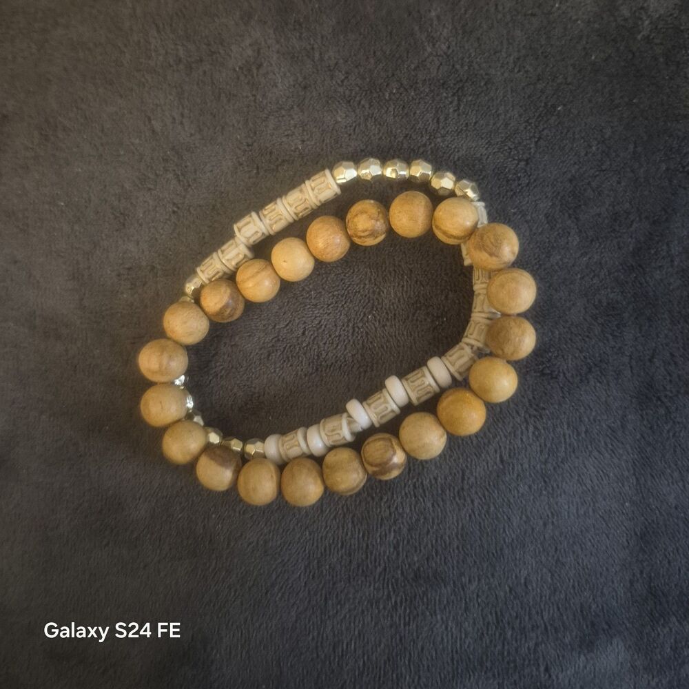 Vtg Faux Ivory Lucite Tube Bead Bracelet Boho Stretch Stack Wood Beads Gold Tone